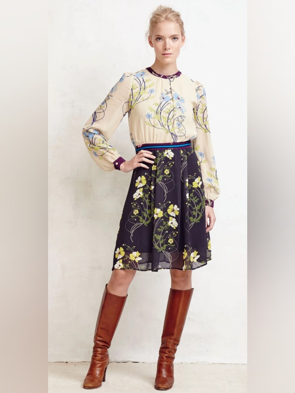 🌼B2G1🌼 Warm Floral Contrast-Waist Floral Midi Dress in Black and Light Yellow - Picture 1 of 9